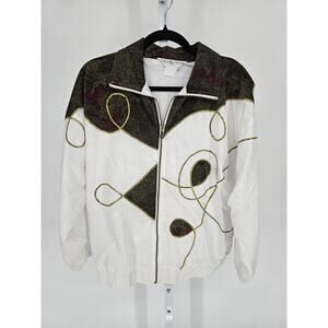 Vintage 1980s Womens Sz L Track Jacket by Great Cavalier White w/ Gold Detail